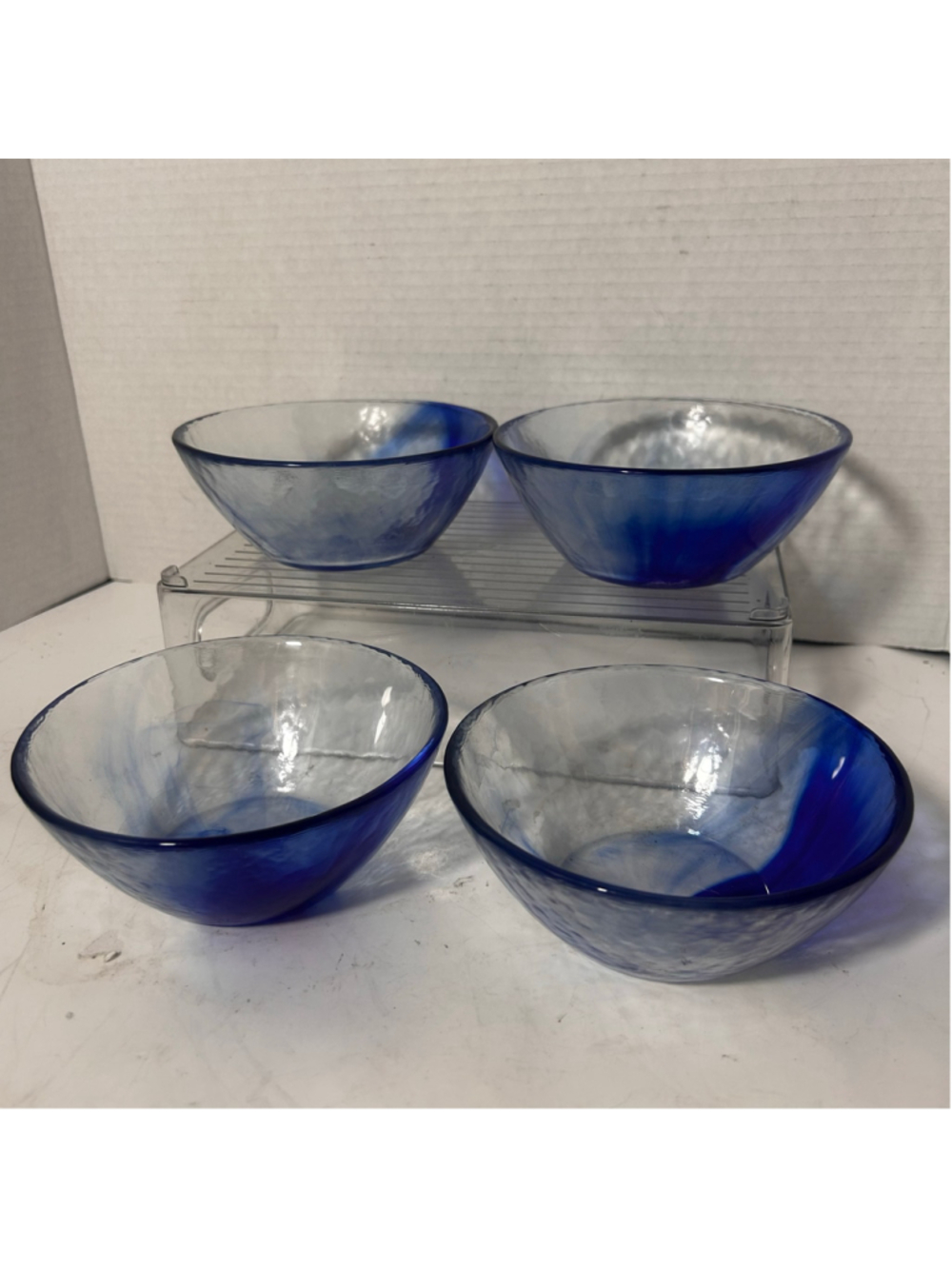 Handblown Bormioli Rocco Murano Glass Fruit Dessert Bowls Set 4, Blue